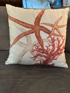 Pottery Barn Cream Pillow with Rust Coral Motif